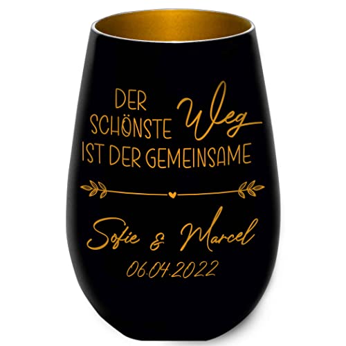 Hochzeitsgeschenk - Windlicht - Der schönste Weg ist der gemeinsame - Schwarz / Gold - personalisierbar - Gravur Namen und Datum - Liebe - Valentinstag - Jahrestag