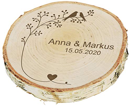 LAUBLUST Baumscheibe Personalisiert zur Hochzeit - ca. 18 cm, Vogelpärchen Motiv | Ringkissen | Hochzeitsgeschenk & Deko